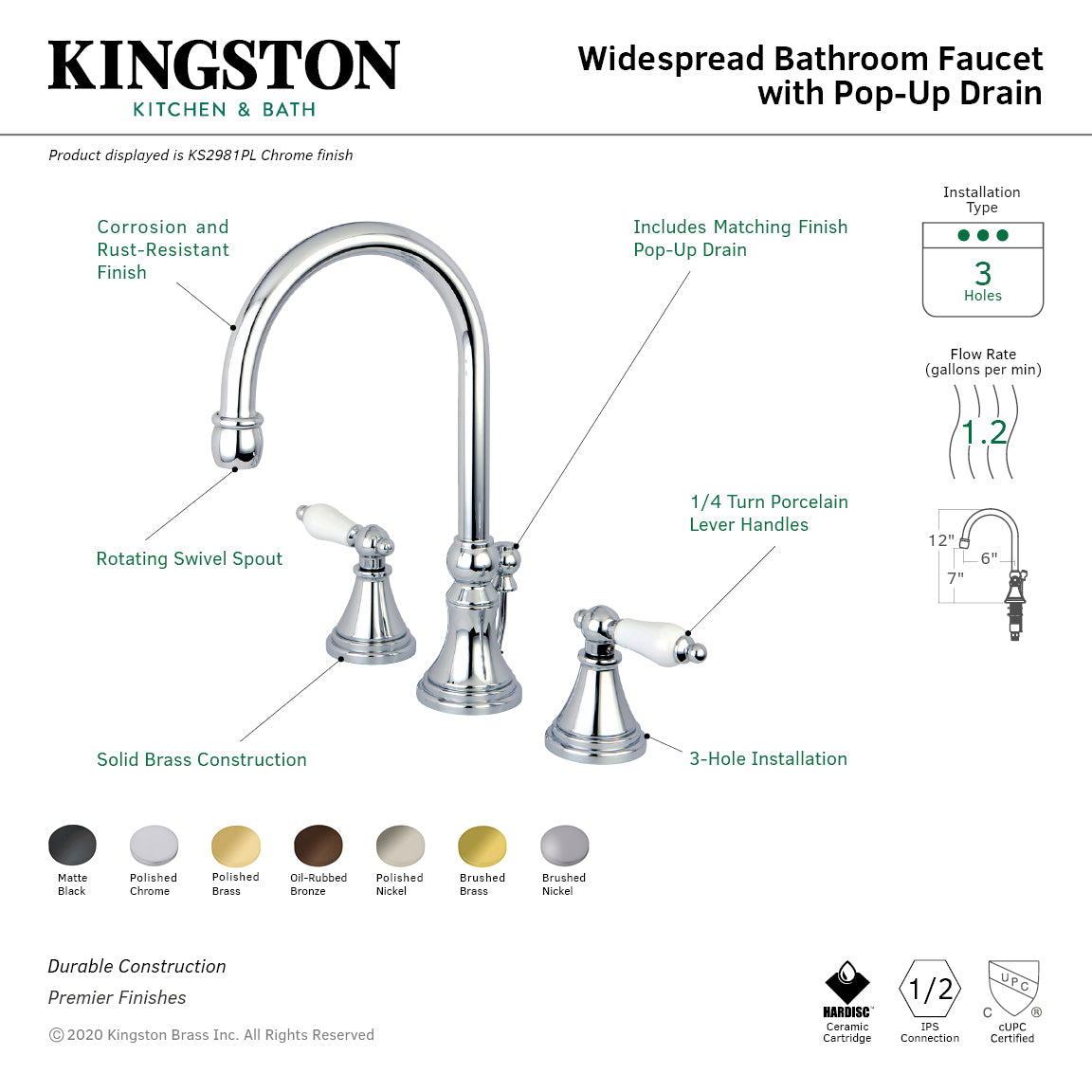Kingston Tulare KS2981PL - Governor Two-Handle 3-Hole Deck Mount Widespread Bathroom Faucet with Brass Pop-Up, Polished Chrome — thumbnail 3
